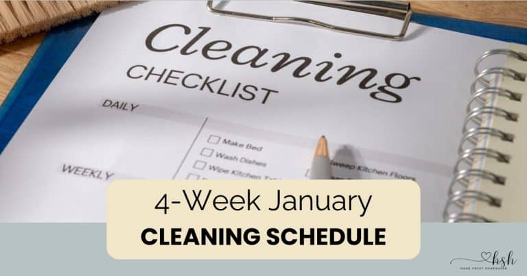 A 4-week January cleaning schedule printable on a clipboard, featuring daily and weekly checkboxes for managing household chores and maintaining a tidy home.