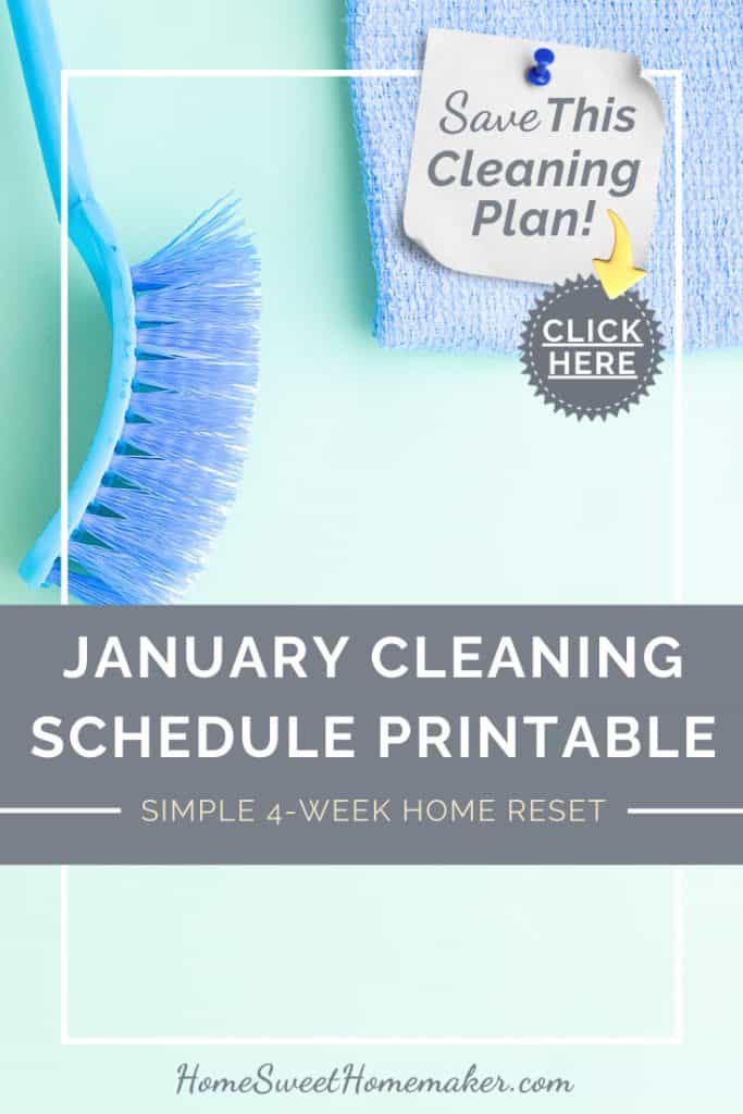 4-Week January Cleaning Schedule With Printable 7 A blue scrub brush and cleaning cloth on a light green background, featuring a January cleaning schedule printable for a simple four-week home reset.