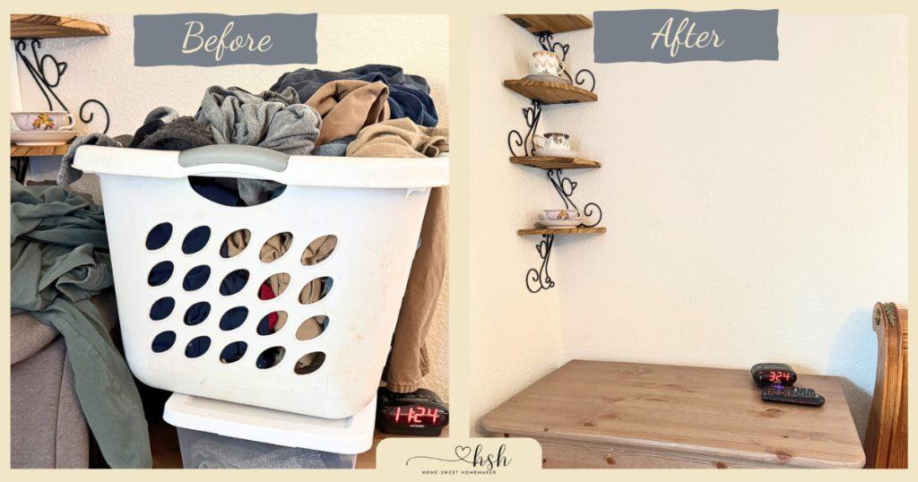 4-Week January Cleaning Schedule With Printable 5 Before and after decluttering results from following a January cleaning schedule printable, showing a transition from laundry piles to a clean, organized dresser top.