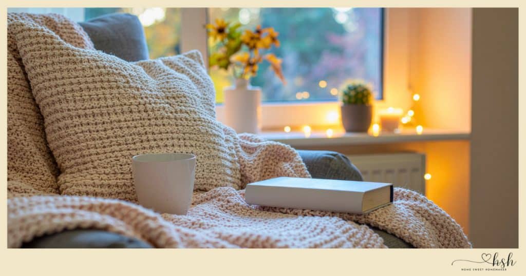 A cozy reading nook with a blanket and mug, capturing the hygge vibe of easy January slow cooker recipes.