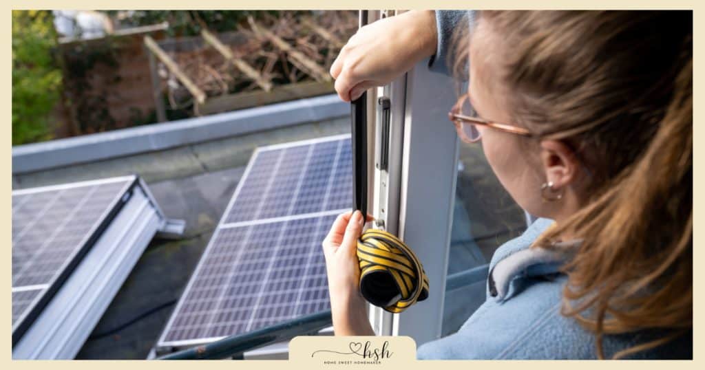 A woman carefully applying adhesive weatherstripping to a white window frame, illustrating energy-efficient home resolutions for new year and home maintenance.