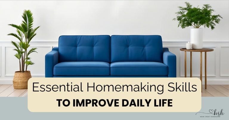 A blue sofa between lush green plants with text overlay: "Essential homemaking skills to improve daily life," featuring home management and organization branding.