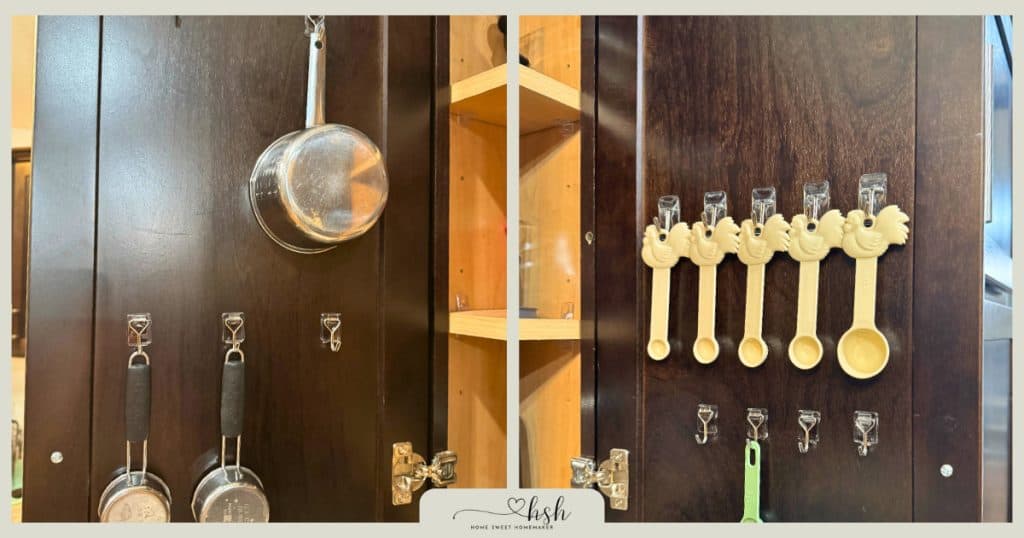 How to Organize a Small Kitchen on a Budget | Complete Guide 4 Cabinet doors with adhesive hooks organizing measuring cups and decorative chicken measuring spoons for vertical storage in budget-friendly small kitchen organization solution.
