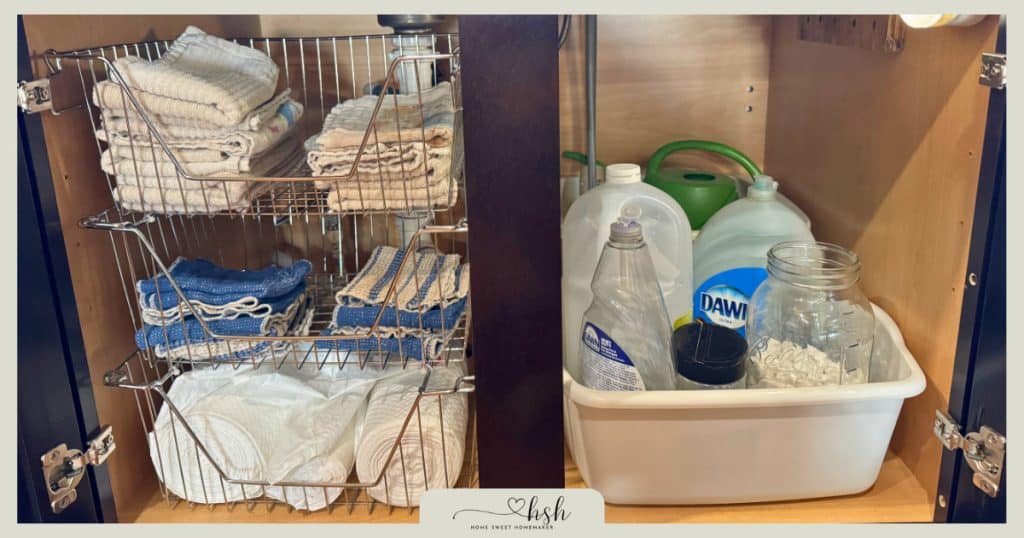 How to Organize a Small Kitchen on a Budget | Complete Guide 8 Under-sink cabinet organization using stacked wire baskets for dish towels and plastic bin containing cleaning supplies for efficient small kitchen storage.