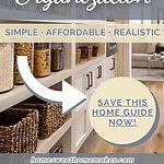 Modern white kitchen cabinets with woven basket storage and glass jar pantry organization demonstrating affordable small kitchen organization on a budget solutions.