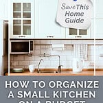 White cottage kitchen with glass-front cabinets, butcher block countertop, and subway tile backsplash showing budget-friendly small kitchen organization ideas and storage solutions.