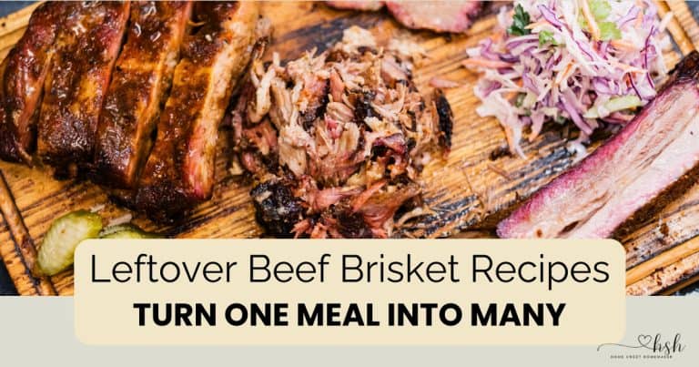 A delicious spread of leftover beef brisket recipes featuring sliced and shredded smoked meat served with fresh coleslaw and pickles on a board.