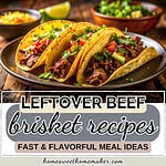 Fast flavorful leftover beef brisket recipes featuring tacos and loaded baked potatoes with barbecue sauce and toppings