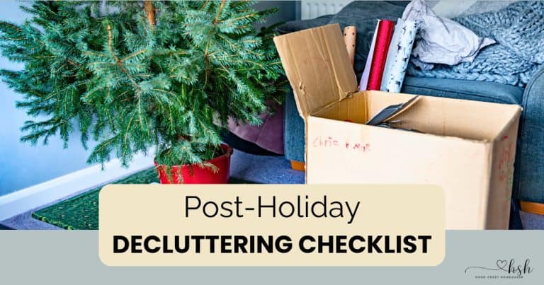 A real Christmas tree in a red pot next to a cardboard box and wrapping paper rolls for a post-holiday decluttering checklist.