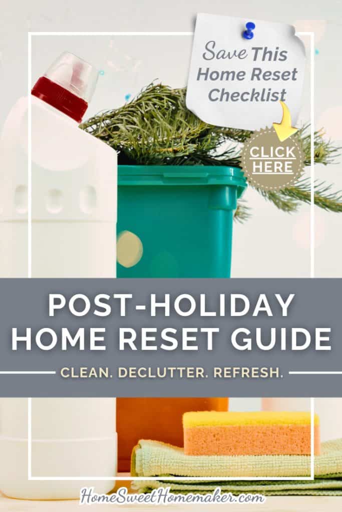 Your Complete Post-Holiday Home Reset Guide 9 A yellow sponge and cleaning bottles sit next to a green bin, providing essential supplies for a thorough post-holiday home reset.