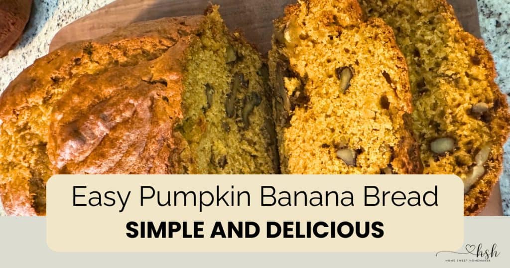 Easy pumpkin banana bread recipe showing sliced loaf with moist interior and pecan pieces