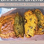 Sliced pumpkin banana bread with chocolate chips showing moist texture and golden color