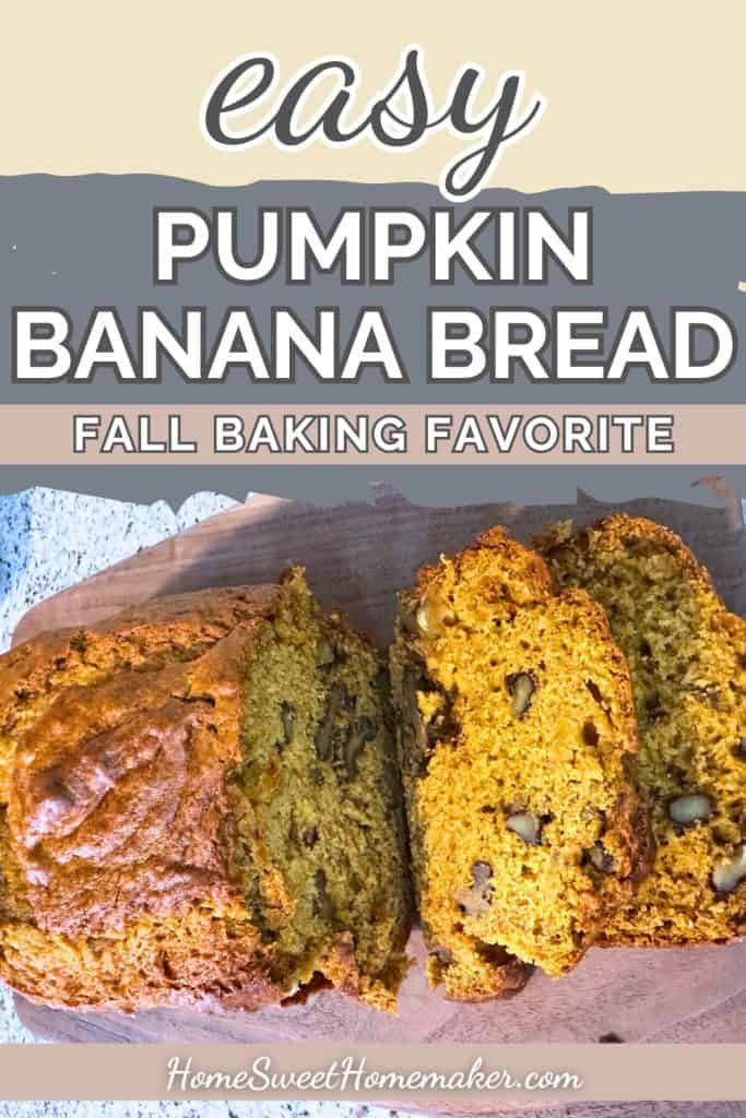 Sliced pumpkin banana bread with chocolate chips showing moist texture and golden color