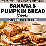Pumpkin banana bread ingredients layout and mixing process collage with finished loaf slices