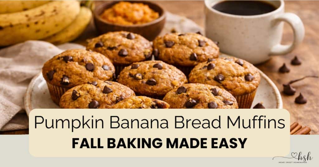 Golden brown pumpkin banana bread muffins loaded with chocolate chips, served on a rustic plate with cinnamon, fresh bananas, and hot coffee.