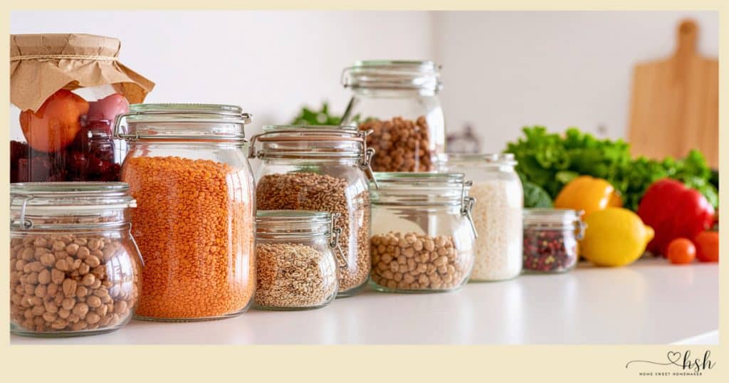Glass jars storing dried lentils, rice, quinoa, and chickpeas with fresh bell peppers and vegetables showing winter meal prep pantry organization for busy moms.