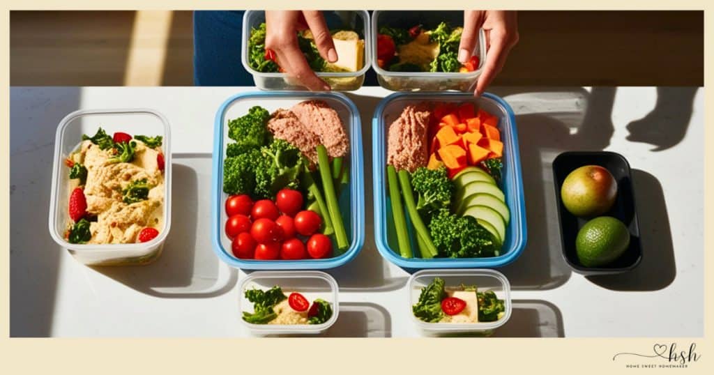 Hands arranging glass meal prep containers with grilled chicken, fresh vegetables, cherry tomatoes, and broccoli showing winter meal prep assembly for busy moms.