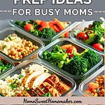 Glass meal prep containers displaying colorful vegetables, grilled chicken, black beans, and quinoa bowls showing balanced winter meal prep ideas for busy moms.