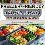 Organized meal prep containers with seasoned salmon, roasted asparagus, sliced peppers, broccoli, chicken breast, and fresh vegetables showing healthy winter meal prep ideas for busy moms.