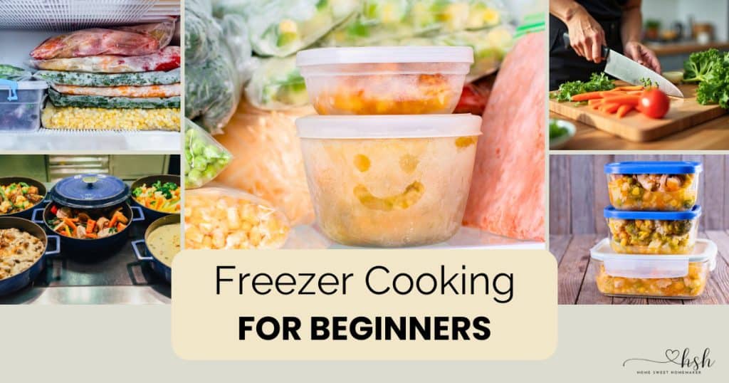 Freezer Cooking for Beginners: Your Complete Guide to Stress-Free Meal Prep 1 Collage showing stacked freezer bags, smiling food containers, fresh vegetables being chopped, prepared meals in pots, and storage containers for freezer cooking for beginners.