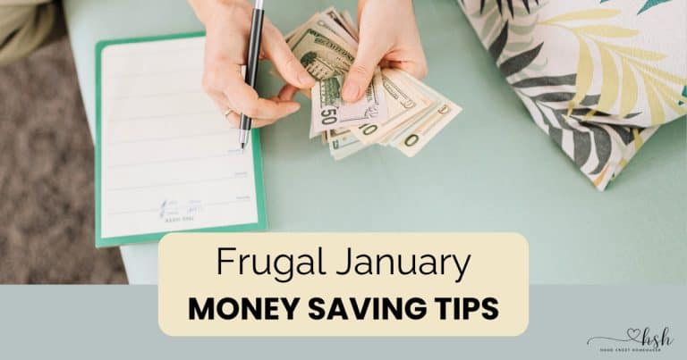 High-angle shot of a person holding cash and a pen over a notepad, illustrating practical frugal January money saving tips for homeowners.