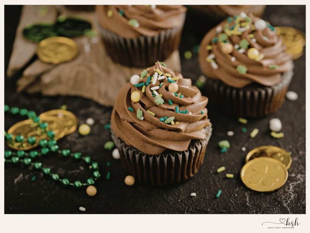 Chocolate cupcakes with festive toppings.